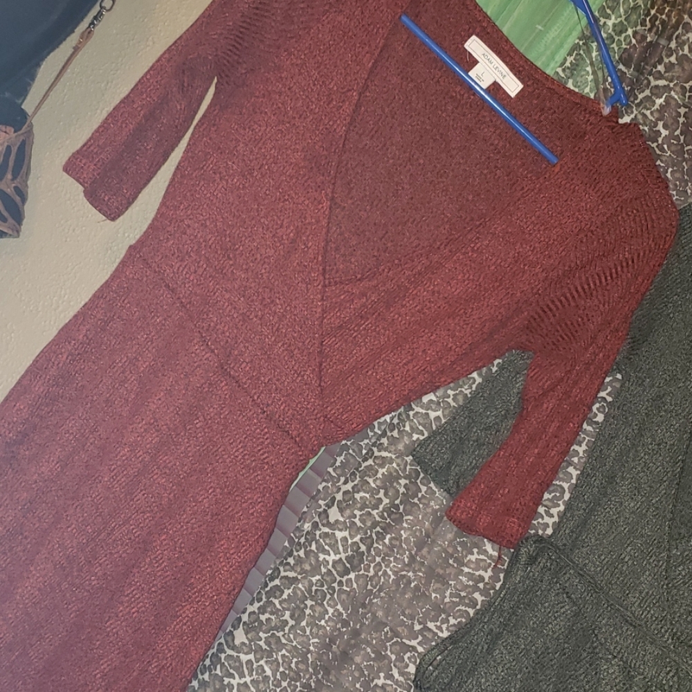 Red wrap around long v neck sweater.